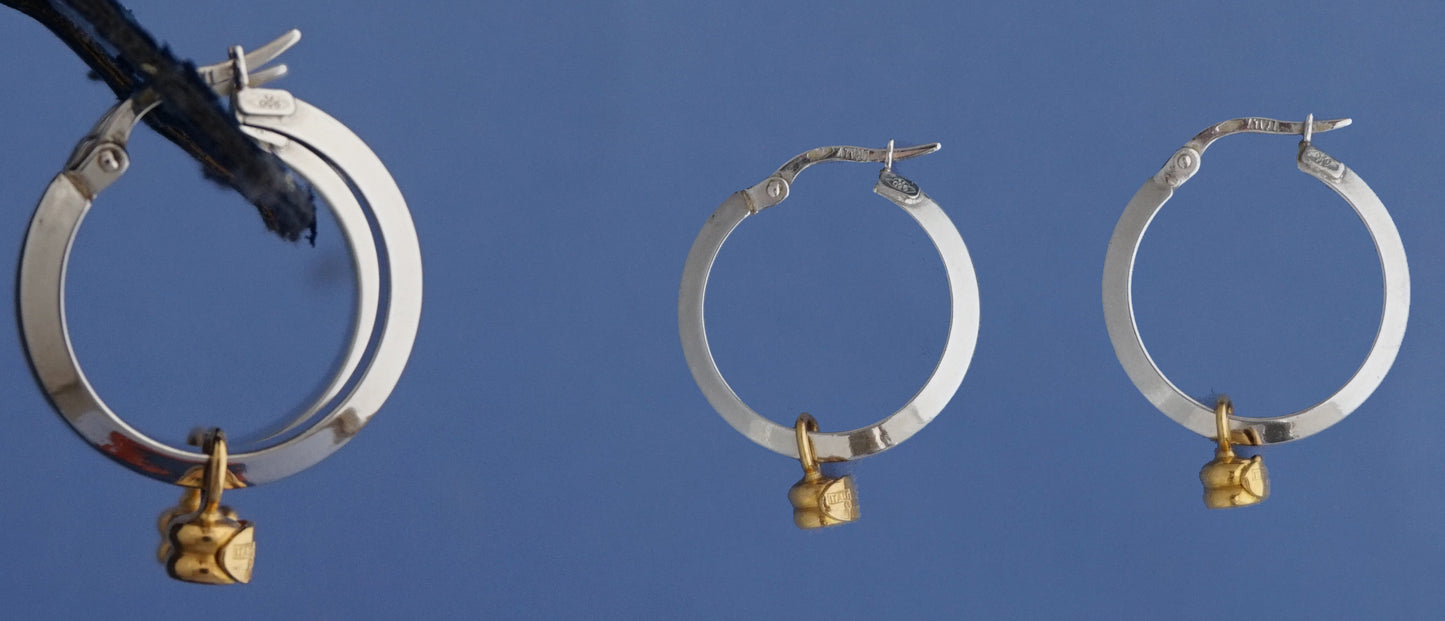 Platinum hoop Earrings with 22k gold dangling charm